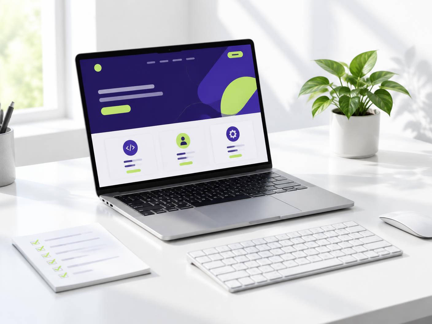 A bright Webly digital workspace with a website project open on a laptop